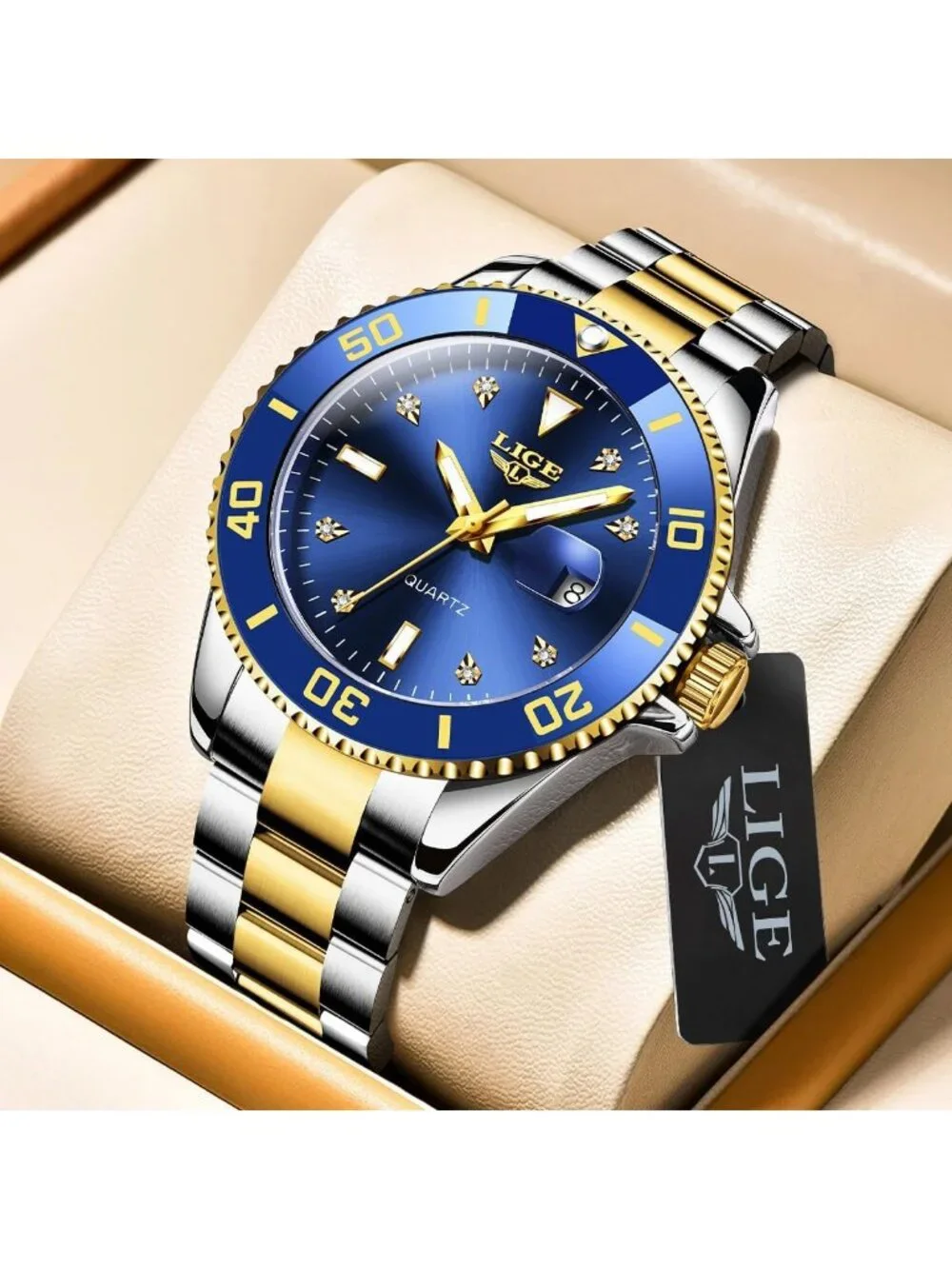 Men's Silver Gold Blue Quartz Analog Stainless Steel Waterproof Date Wristwatch